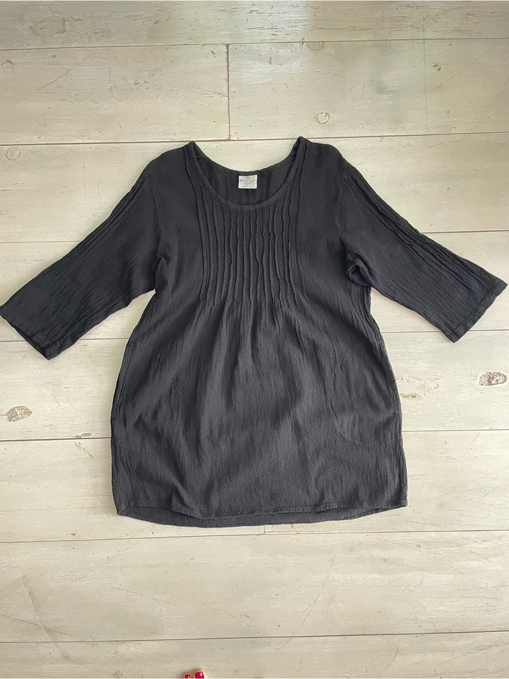 Women’s Black 100% Cotton Crinkle Tunic Pockets Size L Resortwear 3/4 Sleeves